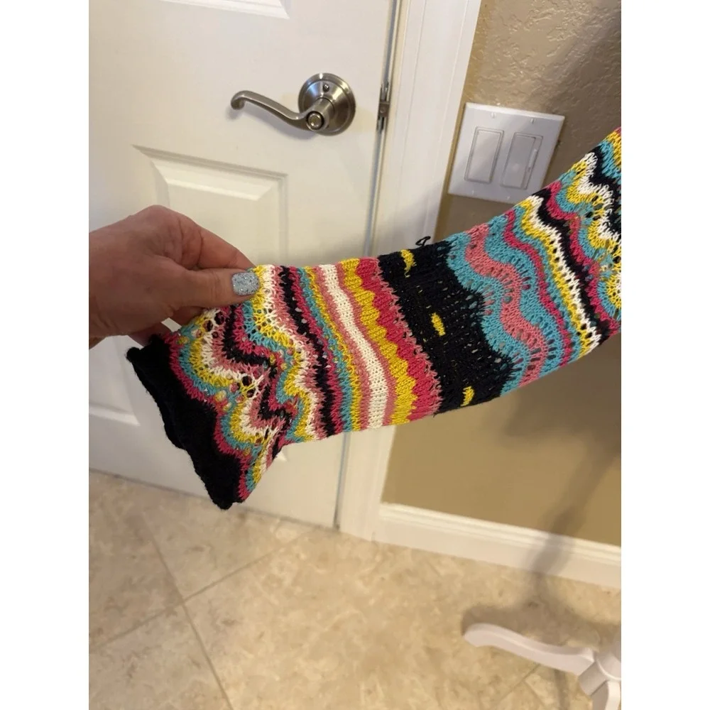 Woven Heart Vibrant Multicolor Striped Crochet Knit Sweater, Relaxed Fit, Large